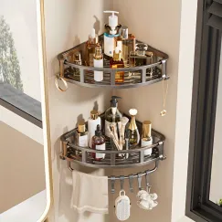 Gray Shower Caddy Corner Caddy 2-Tier Hooks Rod Bathroom Storage Shower Organizer