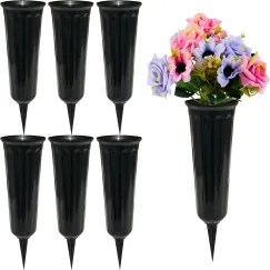 Memorial Floral Vases, Cemetery Vase, Headstones Flower Holder, Grave Cone Vase, Flower Pots for Outdoor Plants, Decorative Plastic Containers (Set of 6, Black)