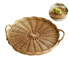 1 Pc Round Wicker Tray,Decorative Tray for Ottomans,Hand-Woven Platter for Snacks,Binaural Portable Tray,Bread Snack Fruit Tray