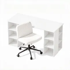 Artiss Office Desk & Chair Set 150cm Computer Desk with 6 Storage Shelves & Ergonomic Cross Legged Chair Armless Cross PU Leather Office Chair with Wheels