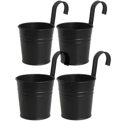Metal Railing Planter Pots, 4 Pack Hanging Flower Buckets for Balcony Garden Fence Decor, Black, 4 Inch, for Garden Yard and Outdoor Use