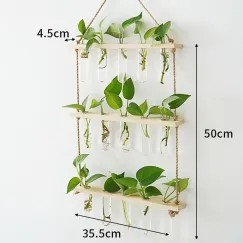 3 Tiered Wall Hanging Plant Terrarium with Wooden Stand Flower Vase Glass Planter for Hydroponic Plant Cutting Home Garden