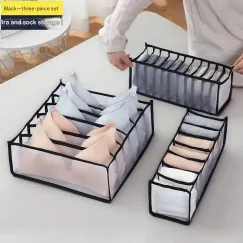 Black Drawer Underwear Organiser Set - 3 Piece Mesh Storage Boxes for Bras Underwear Socks