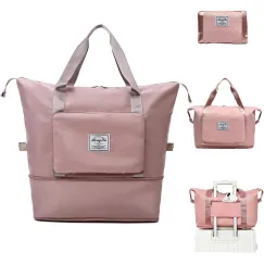 Foldable Travel Duffel Bag for Women, Large Capacity Folding Sports Gym Bag, Lightweight Waterproof Bag Holdall Tote Carry on Hand Luggage Overnight Weekender Bag Hospital Bag for Men Women (Pink)