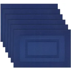 Placemats, Washable Woven Vinyl Placemats for Dining Tables, Easy to Clean Plastic Placemats Set of 6 (18 X12 Inch, Navy Blue)