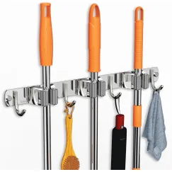 Mop and Broom Holder Wall Mount, Upgraded Broom Organizer Wall Mount, Stainless Steel Broom Hanger Wall Mount for Home Kitchen Garden Laundry Garage (3 Racks with 4 Hooks)