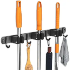 Mop and Broom Holder Wall Mount, Upgraded Broom Organizer Wall Mount, Stainless Steel Broom Hanger Wall Mount for Kitchen Garden Laundry Room Decor (3 Racks with 4 Hooks Black)