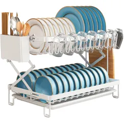 CARLA HOME 2-Tier Dish Drying Rack with Drainage Tray, Utensil Holder, Cup Hooks & Cutting Board Rack for Kitchen (White)
