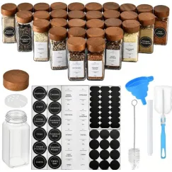 12 Pack Spice Jars, Square Glass Jars With Bamboo Lids And Labels, Funnel And Brush For Kitchen Spice Rack Organizer, Clear, 4 oz, 118 ml