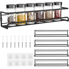 Four-Tier Metal Wall-Mounted Spice Rack - Suitable for Kitchens and Cabinet Interiors - Neatly Organizes Spice Jars and Spices (Black)