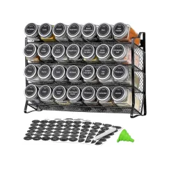 4 Tier Metal Spice Rack + 28 Glass Jars - Kitchen Pantry Herb Storage Organiser