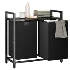 Laundry Hamper Basket Metal Laundry Organizer with MDF Shelf and 2 Waterproof Pull-Out Removable Dirty Clothes Bags for Laundry Room Bedroom Bathroom Dorm