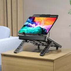 Adjustable laptop stand, designed for 17.3-inch laptops, a portable stand that allows for height adjustment on the desk, and comes with a dedicated phone holder.