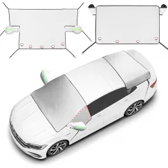 2 Piece Car Windshield Sunshade Set, Front & Rear Window Sun Shade with Magnetic Edges and Side Mirror Covers, Foldable Sun Visor, Blocks UV Rays and Keeps Car Cool(Unobstructed Rearview,Silver)