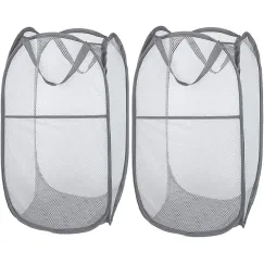2 Pcs Popup Mesh Laundry Baskets, Collapsible and Portable Clothes Washing Laundry Hampers with Reinforced Carry Handles, Gray Clothes Hamper for Home, Travel, College Dorm