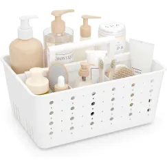 Shower Caddy Portable, Cleaning Supplies Caddy Organizer with Handle and Adjtable Dividers, Plastic Shower Basket for Dorm Room Essentials, College, Bathroom, White, 1 Pack