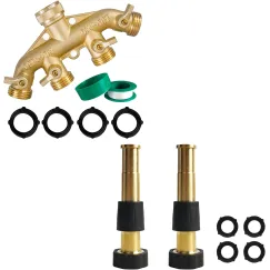Brass Garden Hose Splitter (4 Way) + 5" Jet Sweeper Garden Hose Nozzle