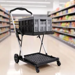 Artiss Shopping Trolley with Wheels 2 Layer w/1 Crate Foldable Trolley Grey
