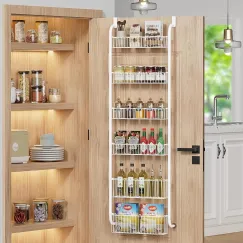 CARLA HOME 6-Tier Over the Door Organizer Heavy-Duty Metal Pantry Rack with Hanging Baskets for Home Kitchen Storage & Bathroom Door Organization (White)