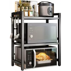 CARLA HOME 3-Tier Microwave Oven Rack with Adjustable Metal Kitchen Shelf Stand for Countertop Storage and 6 Hooks for Utensils