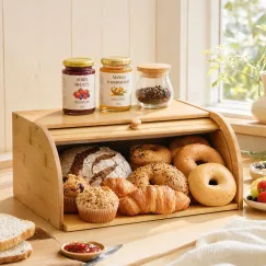 Artiss Bamboo Bread Box Bin Roll Top Kitchen Countertop Storage 45cm Natural