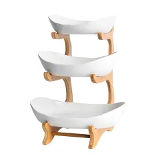 CARLA HOME 3-Tier Plastic Fruit Bowl Basket with Bamboo Stand for Kitchen Counter, Snack Tray, Dessert Server & Vegetable Storage Rack