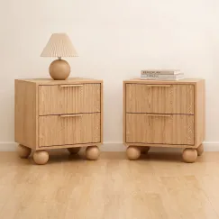 Artiss 2x Bedside Table Round Legs 2 Drawers Pine