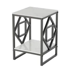 Sleek White Marble Side Table Sofa End Table Bedside Nightstand w Durable Frame