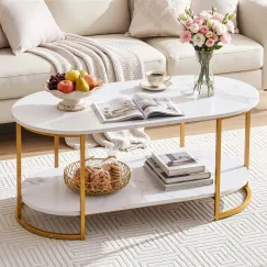 Artiss Coffee Table 2 Tier Oval Marble Finish Storage Shelf Metal Frame Center Table Living Room 100x50x45cm White & Gold