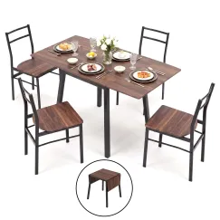 Artiss Dining Table and Chairs Set 5pcs with Extendable 60-120cm Drop-Leaf Table Brown