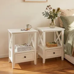 2-tier Bedside Table with Storage Drawer 2 PC Rustic White
