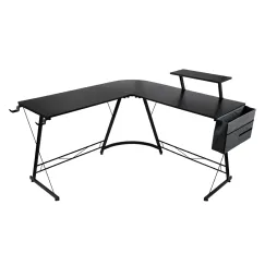 L Shaped Computer Desk Round Corner Gaming Desk PC Laptop Workstation Reversible Wood Table With Screen Stand and Foot Fest Bar Home Office Black