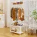 Large White Bamboo Garment Clothes Rack Shoes Coats Shelf w/ 3 Shelves & 10 Hook