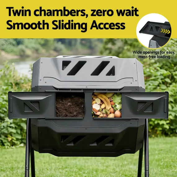 Gardeon Dual-Chamber Compost Bin 160L Rotating Tumbler Black