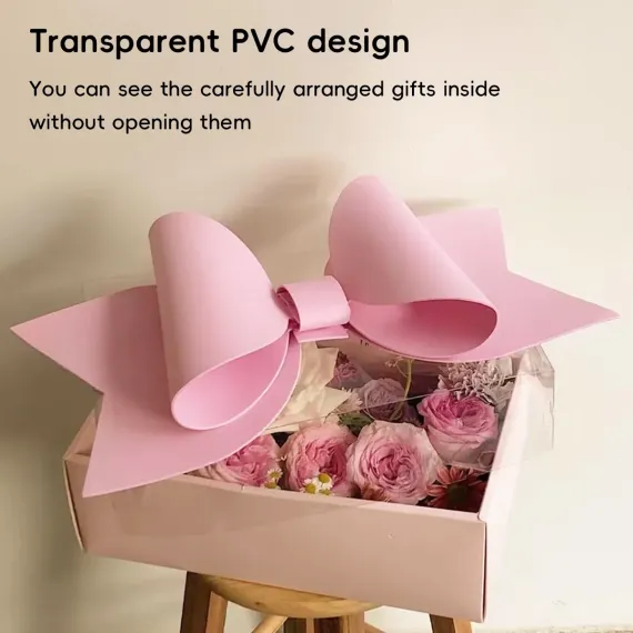 5PCS Bow Gift Box Transparent PVC Design with Ribbon Wedding Party Favor Boxes - Pink