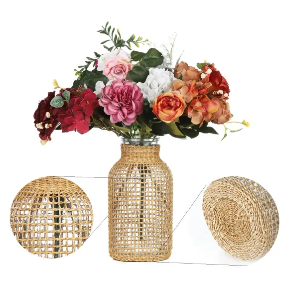 Glass Vase, Rattan Vase, Farmhouse Rattan Décor, Round Flower Vase Basket Vase for Floral Arrangements