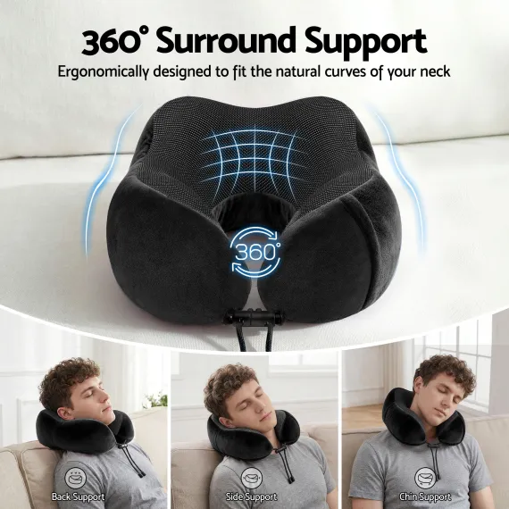 Wanderlite Travel Pillow for Airplanes Memory Foam Neck Pillows for Traveling, Soft & Washable Cover with Storage Bag, Portable Plane Accessories for Airplanes Offices Cars, Black