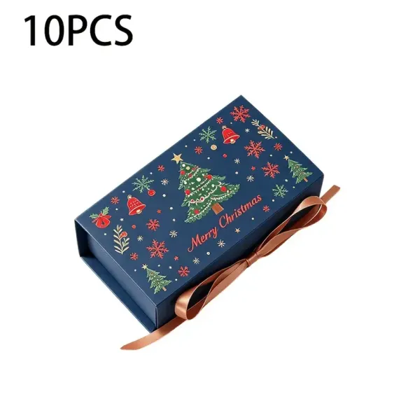 10pcs Christmas Gift Box with Ribbon, Rectangular Gift Box with Christmas Tree and Snowflake Print, Luxury Flip-Top Candy and Cookie Packaging Box, Suitable for Holiday Chocolates, Cookies, and Wedding Small Gifts./BLUE