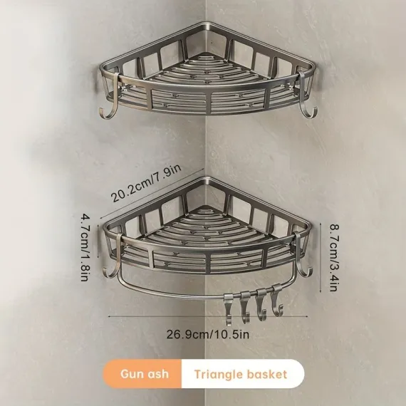 Gray Shower Caddy Corner Caddy 2-Tier Hooks Rod Bathroom Storage Shower Organizer