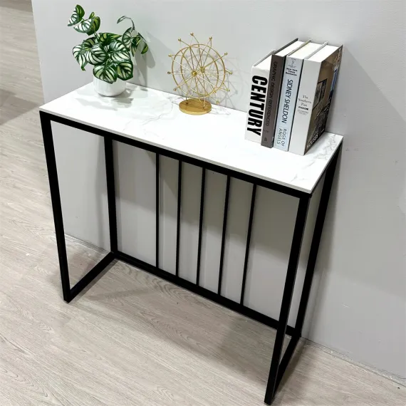 80cm White & Grey Sintered Stone Console Table Storage Table Behind Sofa W/ Black Metal Frame