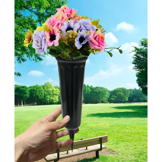 Memorial Floral Vases, Cemetery Vase, Headstones Flower Holder, Grave Cone Vase, Flower Pots for Outdoor Plants, Decorative Plastic Containers (Set of 6, Black)
