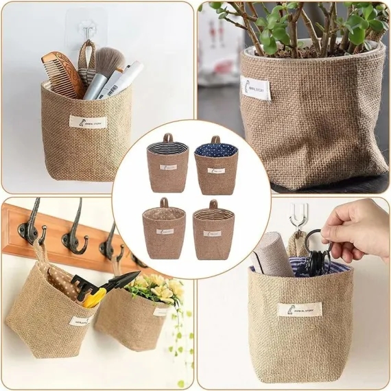 4 Pieces Foldable Storage Basket With Handle, Hanging Storage Bag, Cotton Linen Storage Basket Bag, 4 Colors, For