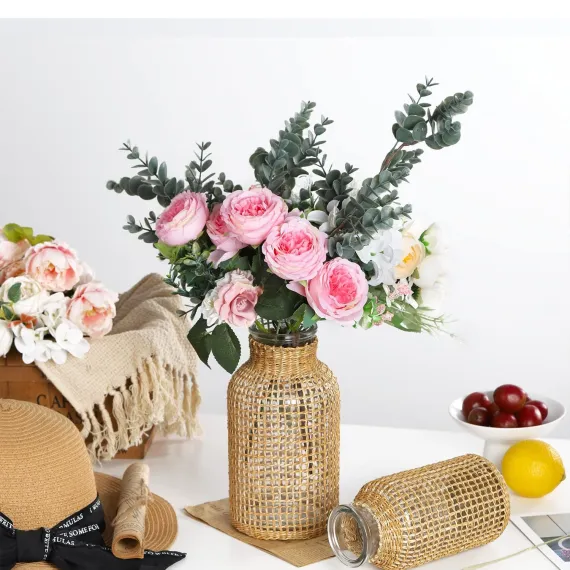 Glass Vase, Rattan Vase, Farmhouse Rattan Décor, Round Flower Vase Basket Vase for Floral Arrangements
