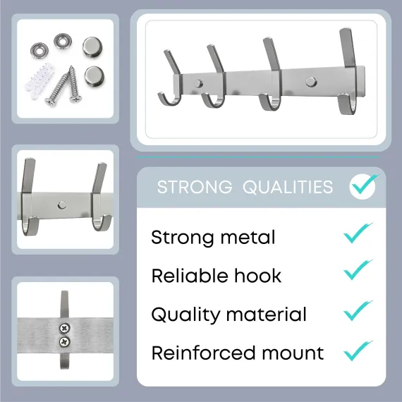 Brushed Nickel Coat Rack Wall Mount with 4 Double Hooks for Hanging Stainless Steel Rustic Coat Hooks – Clothes,Towel Wall Hooks