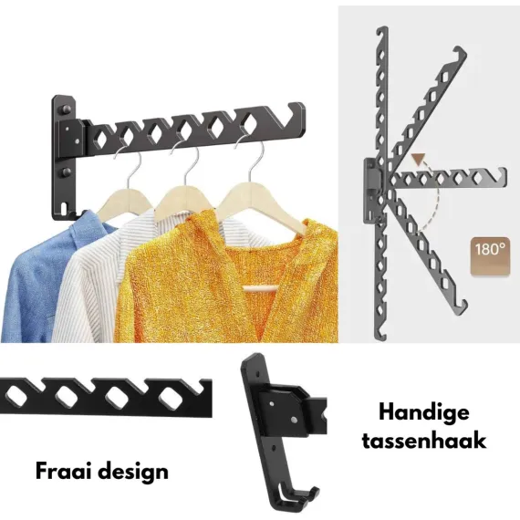 Wall-mounted coat rack - foldable - black - 35 cm - coat hook - hanger - drying rack