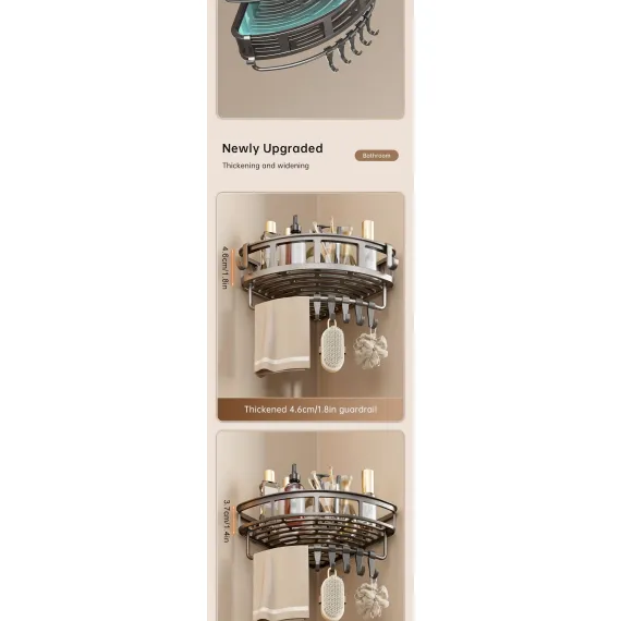 Gray Shower Caddy 3-Tier Corner Caddy Shower Hooks Bathroom Storage Rust-Resistant