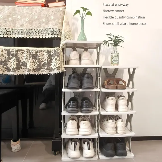 5 Tier Foldable Vertical Shoe Rack, X-Design Tall Shoes Organiser for Narrow Space, Corner Shelf for Single Dormitory Or Small Room