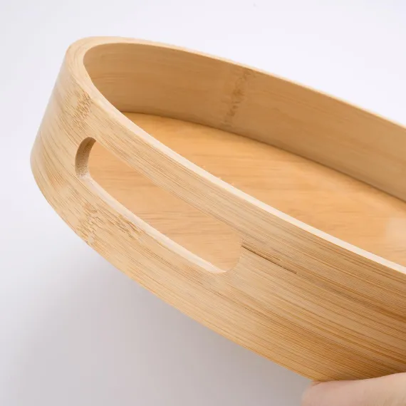 12 inch Round Serving Wooden Tray with Handles, Bamboo Decorative Tray Serving for Serving Beverages & Food on Bar Living Room Home Dining Table.