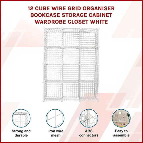 12 Cube Wire Grid Organiser Bookcase Storage Cabinet Wardrobe Closet White