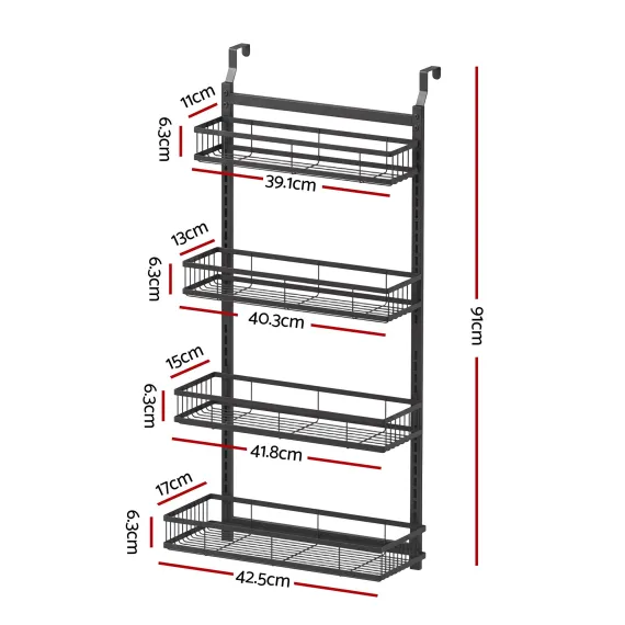 Artiss Over Door Bathroom Rack Hanging Organiser 4 Tier No Drill 91cm Black